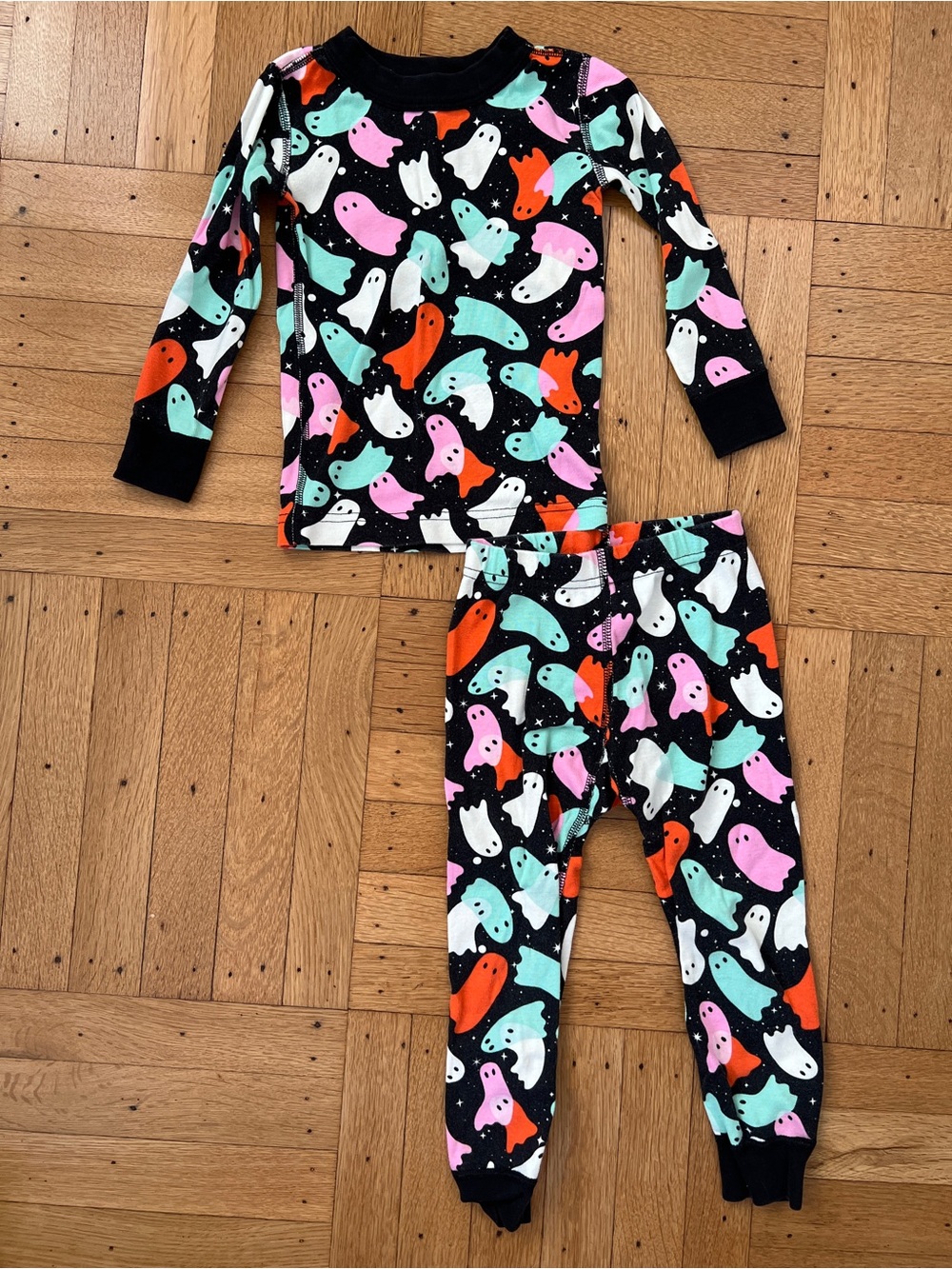 Hanna Andersson Black Pajama Set with Pink, Mint, Orange & White Ghosts
